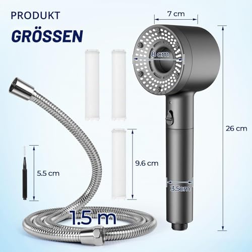 Blendura Shower Head with Hose 1.5 m, Hand Shower with 3 Filters, Anti-Limescale Function, 5 Jet Types, Shower Head, Water-Saving