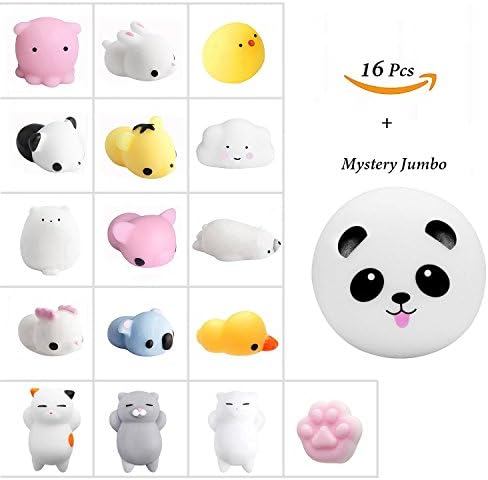 Soft Animal Squishies, TIGERii 16 Pieces of Mochi Animal Squishies + 1 Random JUMBO 4" Cream Scented Slow Rising Panda Squishy, Stress Relief Squishy, Animal Toys, Squeeze Toys