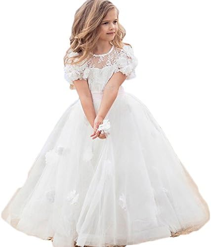 BKSKK Short Sleeves Princess Flower Girl Dress Vintage Floral Little Girls Wedding Gown (6-7, White)