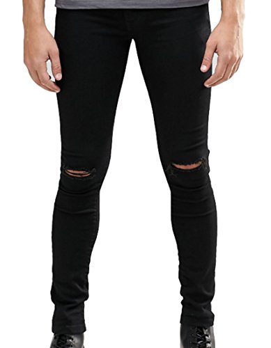 Men's Skinny Fit Knees Slit Ripped Jeans Stretch Slim Denim Pants Black 28