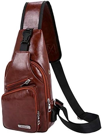 Men's Sling Bag Waterproof Leather Shoulder Chest Crossbody Bag with USB Charging Port (Brown)