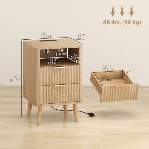 HOMCOM Fluted Nightstands Set of 2 with Charging Station, Modern Bedside Tables with 2 Drawers, Open Shelf, 2 Outlets and USB Ports, Side End Tables for Bedroom, Oak
