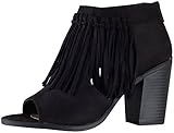 Soda Women's Gusto Fringe Tassel Open Toe Zip Back Sueded Bootie