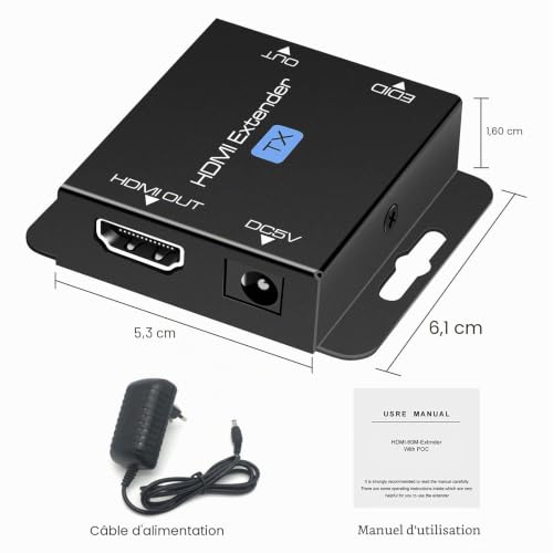 KUYIA HDMI over Ethernet Extension Cable with POC (TX Power Only Required) 1080P@60Hz HDMI to RJ45 Converter Supports EDID for Cat5e/Cat6/Cat7 with 5V Power Supply