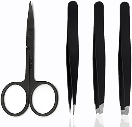 Tweezers Set, One Eyebrow scissors and 3Pcs Slant Flat Pointed Professional Stainless Steel Tip Tweezers with Travel Case, Best Precision Eyebrow Tweezers