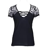 Tiantianmei Women's Bandage V Neck Lace Shoulder Short Sleeve T Shirt Black XL