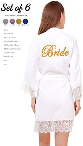 GoldOath Set of 6 Women's Cotton Kimono Robes for Wedding Party Gifts for Bride and Bridesmaid with Lace Trim
