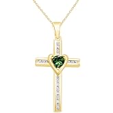 THE JEWEL ZONE Simulated Green Emerald & Natural Diamond Cross & Heart Two Tone Pendant Necklace in Sterling Silver