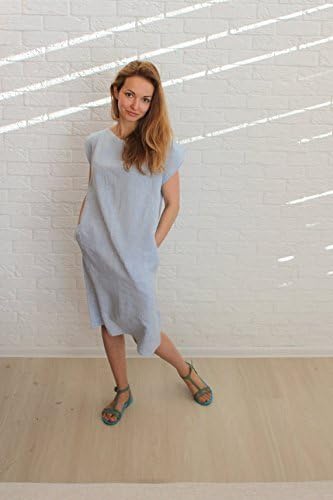 Pure Linen Blue Tunic Dress with Buttons - Different Sizes and Colors - US Size Chart
