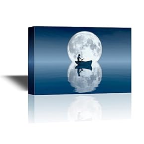 Canvas Wall Art - Peaceful Moment of a Boat on The Sea Under The Full Moon - Gallery Wrap Modern Home Art | Ready to Hang - 12x18 inches