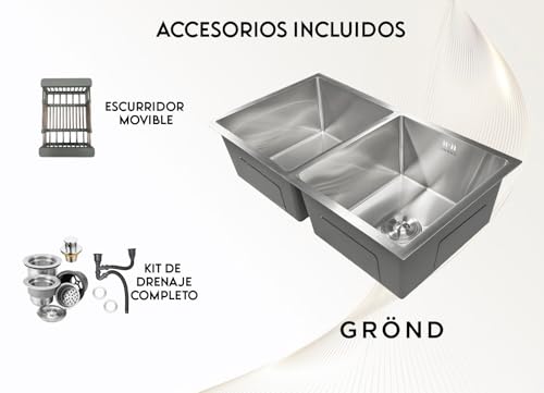 GRÖND Tarja Fregadero para Cocina Doble Tarja de Acero Inoxidable 304, 80x45 cm Con Escurridor Movible y Kit de Drenaje, para Empotrar o Submontar (PLATEADO)