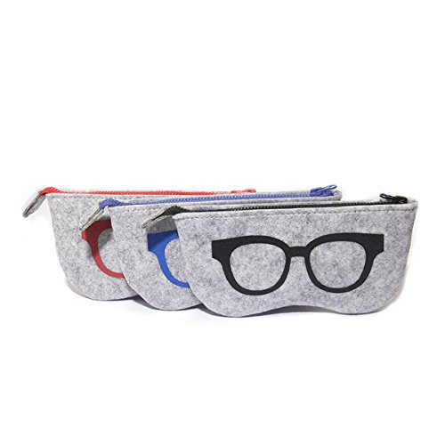3 Pack Eyeglass Case Pouch, Polersun Portable Soft Felt Sunglasses Case Zipper Ultra Light Glasses Makeup Storage Pouch (Black+Blue+Pink)
