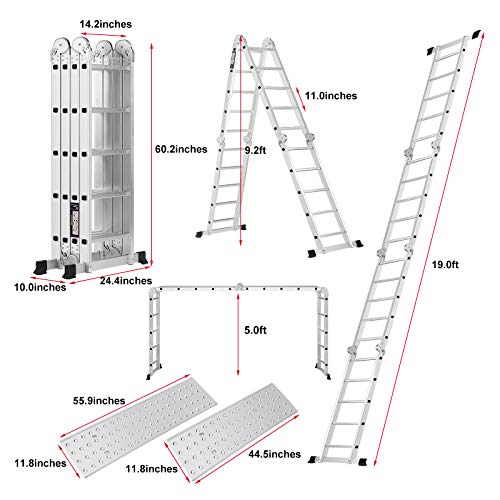 19.5ft Ex-Large Heavy Duty Gaint Aluminum Multi Purpose Folding Ladder Scaffold Ladders with 2 Free Platform Plates- 330Lbs