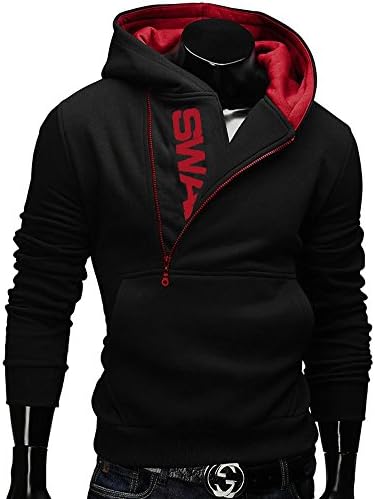 Men Oblique Zipper Sweatshirt Kangaroo Pocket Sports Hoodie Jacket Blue Black