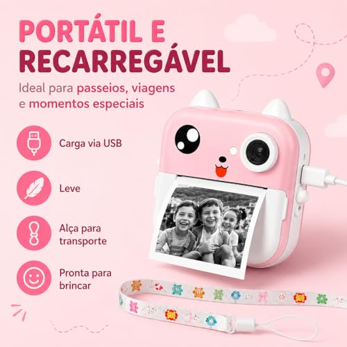 Câmera Infantil Digital Instantânea com Impressão Térmica (Rosa)