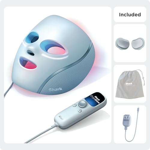 SHARK CRYOGLOW LED FACE MASK WITH UNDER-EYE COOLING, ANTI-AGEING & BLEMISH REPAIR, RED & BLUE LED, INFRARED LIGHT THERAPY, USB-C, REMOTE CONTROL, STORAGE BAG, BLUE FROST, FW312