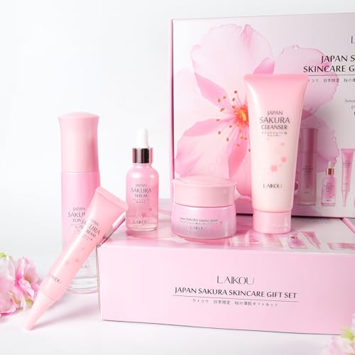 LAIKOU Sakura Skincare Set - 5-Piece Set with Cleanser, Toner, Serum, Eye Cream, and Essence Cream for Hydrating, Smoothing & Even Skin Tone for All Skin Types