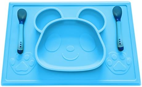 Mopels Children’s Placemat with Free Spoon Set and E-Book, One-Piece Silicone Placemat Panda Design, Dinnerware for Feeding Baby &amp; Baby Led Weaning, Non-Slip, Portable and FDA Approved.(Blue)
