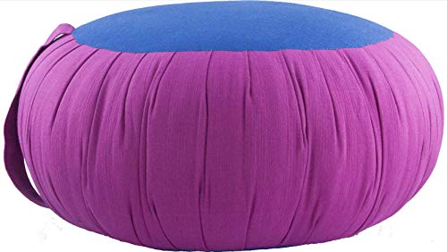 Zafuko Round Meditation Cushion (Zafu) for Yoga, Pranayama (Breathwork), Floor Support with Handle for Travel, Home DÃ©cor, Made of Organic Kapok - Fuchsia/Dark Blue