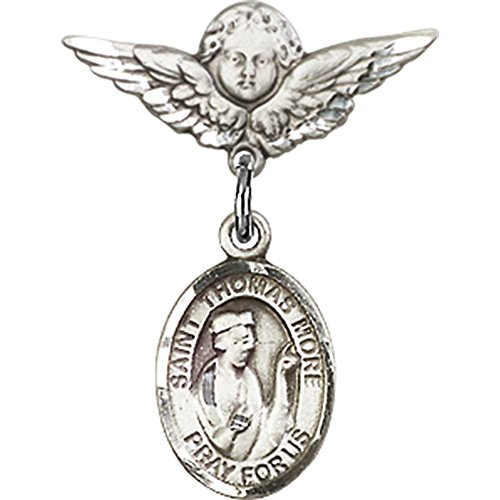 Sterling Silver Baby Badge with St. Thomas More Charm and Angel w/Wings Badge Pin 7/8 X 3/4 inches