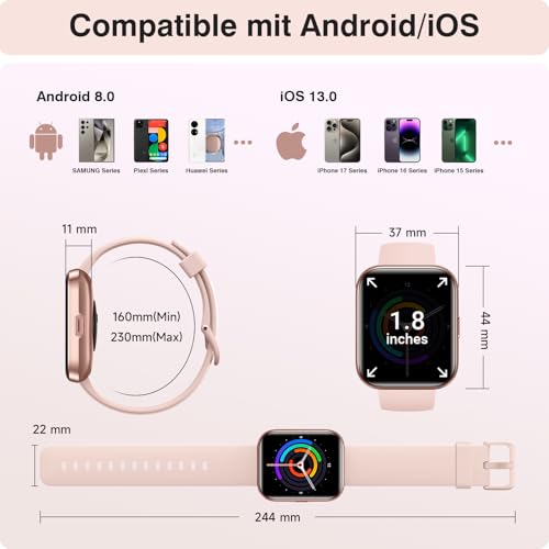 Women's Smartwatch with Phone Function/Whatsapp, 1.85 Inch Smart Watch Fitness Tracker with Heart Rate/Sleep Monitor, 10 Day Battery, 120+ Sports Modes, 3ATM Waterproof Fitness Watch for Samsung / Android / iOS