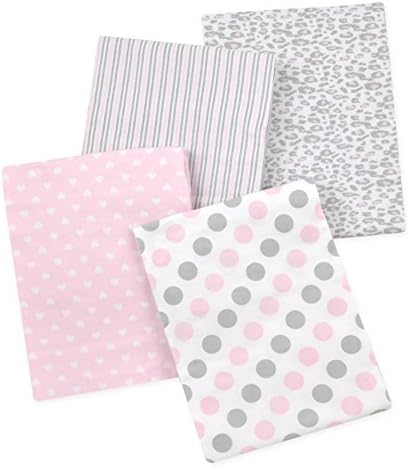 Carter's 4 Piece Flannel Receiving Blankets, Pink Cheetah/Pink/Grey/White