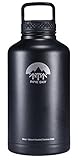 Pine Sky 64oz Craft Beer Growler and Wide Mouth Water Bottle with 2 Lids, Black