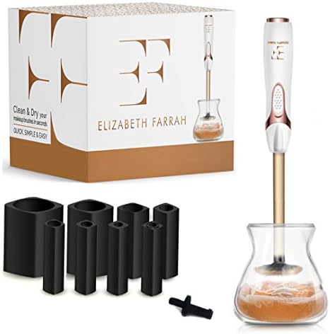 Professional makeup brush cleaner and dryer for cosmetic brushes - It cleans and dries your brushes in 30 seconds. Has 8 collars to fit most make up brushes. Removes bronzer, mascara, eye shadow, foundation and make-up. It is automatic, electrical, light and travel size.