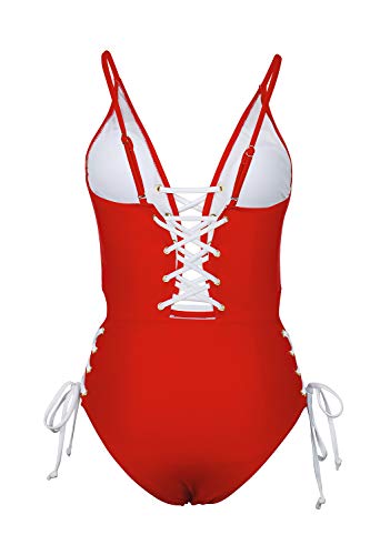 Almaree Crisscross Lace Up Open Back 1 Piece Swimsuit Plunge Swimwear for Woman Red M - Thumbnail 5