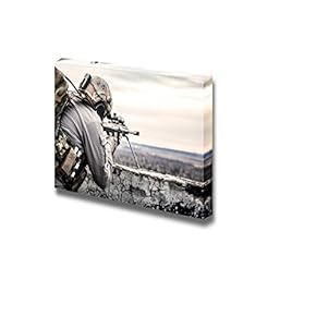 Canvas Prints Wall Art - Sniper Posted on Ledge of Roof | Modern Wall Decor/Home Decoration Stretched Gallery Canvas Wrap Giclee Print. Ready to Hang - 12" x 18"