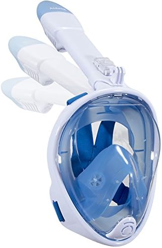 Aidong 180° Full Face Snorkel Mask with Panoramic View Anti-Fog Design, Foldable Storage Snorkel Set With GoPro Mount, Swimming Set for Adults &amp; Kids (180° Panoramic Fold White/Blue, Small/Medium)
