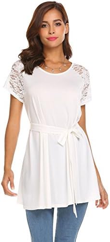 Miuniu Women T-Shirt Solid Lace Patchwork O-Neck Pullover Tops Blouse, White, X-Large