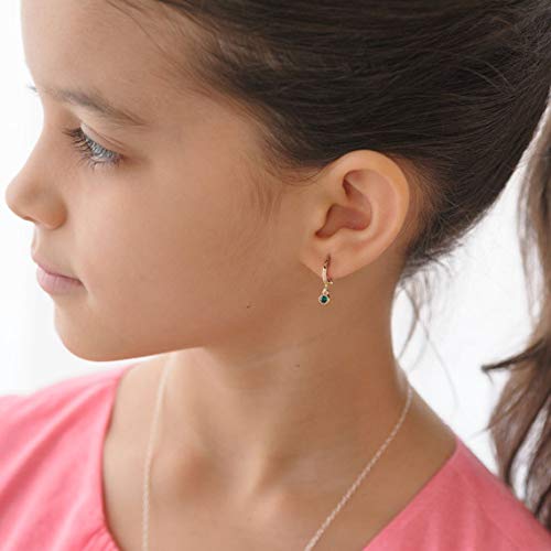 CHESKY 14K Gold Plated Dainty Birthstone Pendent Hoop Earrings Minimalist Dangle Leverback Earrings Crystal Sapphire Turquoise Huggie Hoop Earrings for Women Girls March