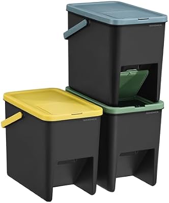 Cubo de Basura, Juego de 3 Cubos Apilables, Papeleras, 20 L Cada, Sistema de Separación Residuos, Tapas Apertura a Presión, Pegatinas, Almacenaje, Amarillo, Azul y Verde LTB763BZ01