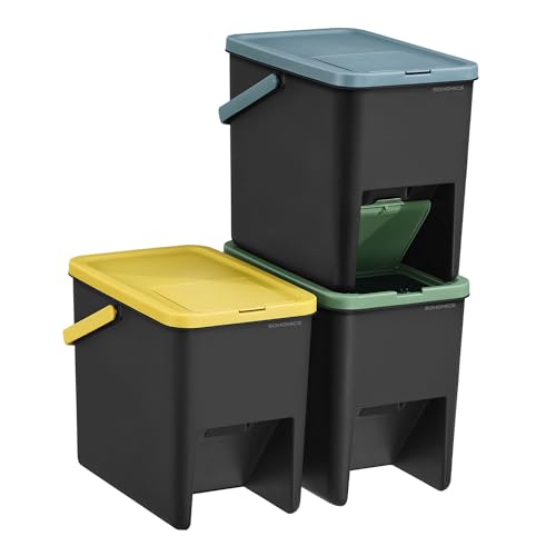 Cubo de Basura, Juego de 3 Cubos Apilables, Papeleras, 20 L Cada, Sistema de Separación Residuos, Tapas Apertura a Presión, Pegatinas, Almacenaje, Amarillo, Azul y Verde LTB763BZ01