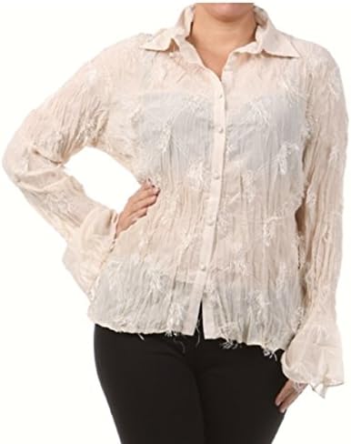 Women's Long Sleeve Plus Size See Through Blouse (2X, Beige)