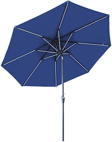Mefo garden 9 Ft Patio Market Umbrella Outdoor Aluminum with Solar LED Strips &amp; Crank Handle, Blue