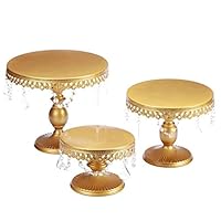 VILAVITA 3-Set Antique Cake Stand Round Cupcake Stands Metal Dessert Display with Pendants and Beads, Gold