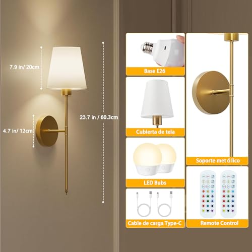 2 PCS lámparas de pared recargables, bombillas regulables desmontables y control remoto, 15 colores Aplique de pared inalámbricas para dormitorio Salón Pasillo (oro)