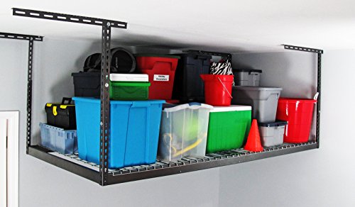 MonsterRax 4x8 Overhead Rack - 600 LB Capacity Adjustable Ceiling Mounted Rack (Hammertone, 24"-48")