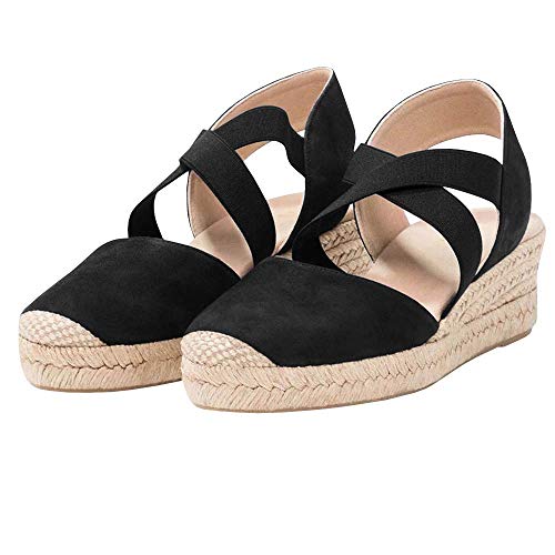 PiePieBuy Womens Espadrille Platform Wedge Sandals Closed Toe Mid Heel Ankle Sandals Black - Thumbnail 6