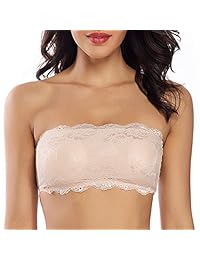 Bandeau - Sujetador de encaje para mujer, sin tirantes, inalámbrico, extraíble, acolchado, capa básica, más correas invisibles transparentes