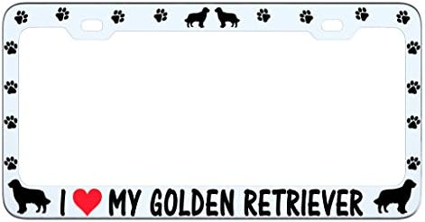 I LOVE MY GOLDEN RETRIEVER DOG PAW Car License Plate Frame Tag Metal, Weatherproof Vinyl Letters Chrome Black