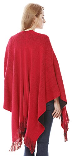 Lovful Women Winter Warm Faux Cashmere Poncho Capes Scarf Shawl Cardigans Sweater Coat,BlackRed - Thumbnail 3