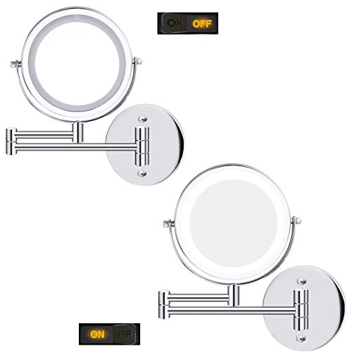 LED Double-Sided Magnifying Makeup Mirror, 6.7" Diameter 1X/5X Adjustable Magnification Led Cosmetic Mirror Wall Mounted, 360° Rotating Function, Lighted Vanity Mirror, Chrome Extendable Swivel Mirror - Thumbnail 5