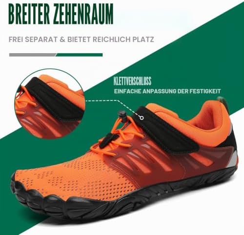Barfußschuhe Herren Barfussschuhe Damen Barfuss Schuhe Zehenschuhe Outdoor Fitnessschuhe rutschfest Traillaufschuhe Barefoot Shoes mit Zero-Drop Solhe Dunkelorange, Gr.44 EU