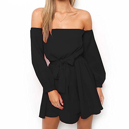 kaifongfu Short Dress,Women Off Shoulder Long Sleeve Elastic Stretchy Bodycon Mini Dress (L, Off Shoulder Black)