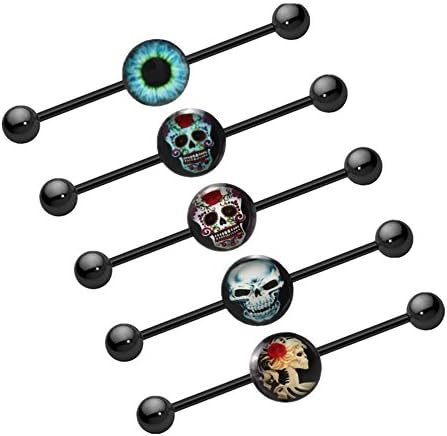 SanMeader 5PCS Skull Industrial Barbell 14G Surgical Steel Earring Cartilage Piercing Black Anodized