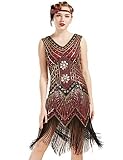 BABEYOND Women's Flapper Dresses 1920s V Neck Beaded Fringed Great Gatsby Dress (Gold & Wine Red, L (Fits 29.9"-33.9" Waist & 36.2"-40.2" Hips))