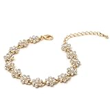 Gold Crystal Rhinestone Flower Shape with Cream Pearl Link Bracelet
